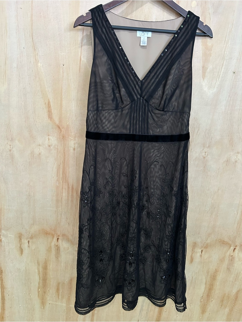 LOFT Black Sheer V-Neck Embroidered Dress